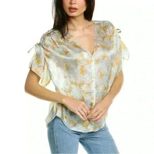 Vince Blouse Lotus Ruched Silk Top Floral Print Aqua Pink Yellow Size XS/S